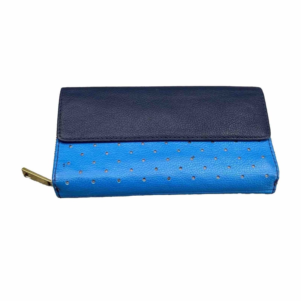 FOSSIL Leather Women Wallet Zip Around Clutch Blue Lining Cards ID Divider Boho‎